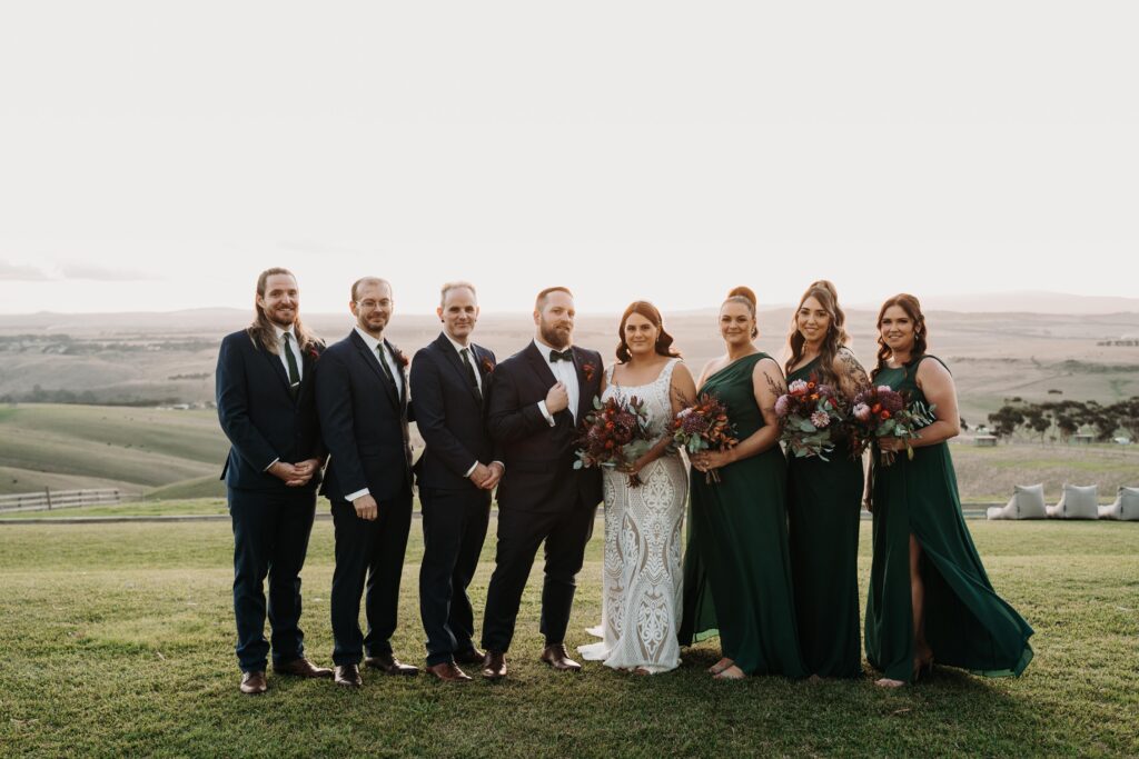 Bridal party, autumn wedding flowers, gorgeous view at Marnong Estate 