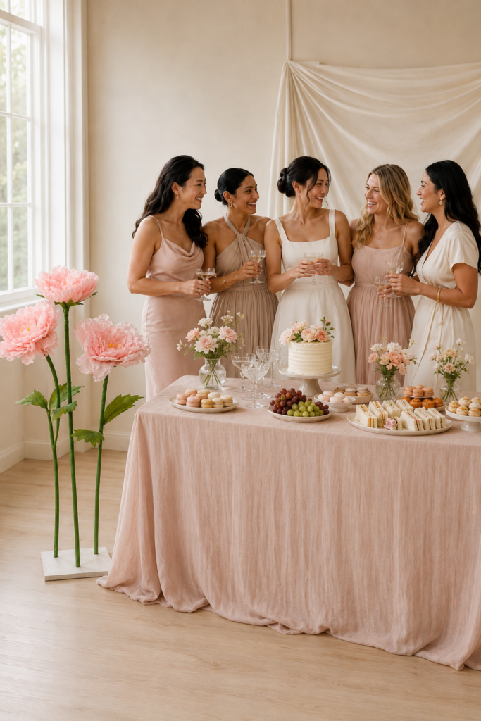 Blush-pink giant paper flower hire beside a bridal shower food table in Melbourne