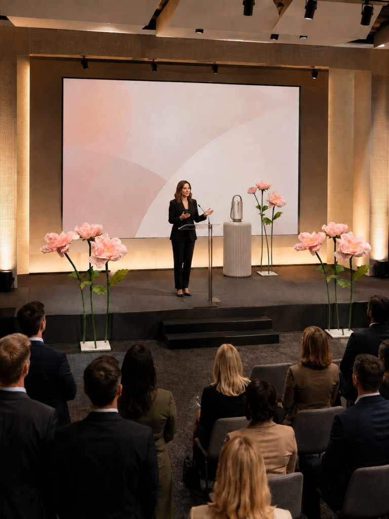Giant pink paper flower sets styling an indoor corporate product-launch stage
