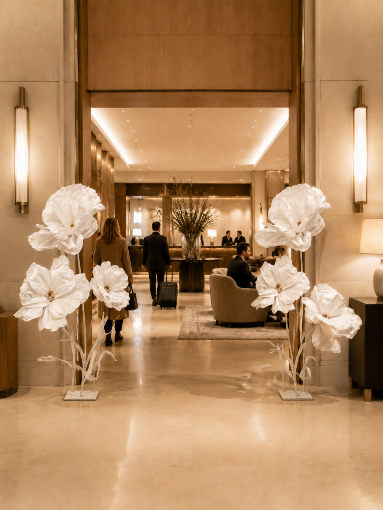 White giant paper flower display at a luxury Melbourne hotel entrance