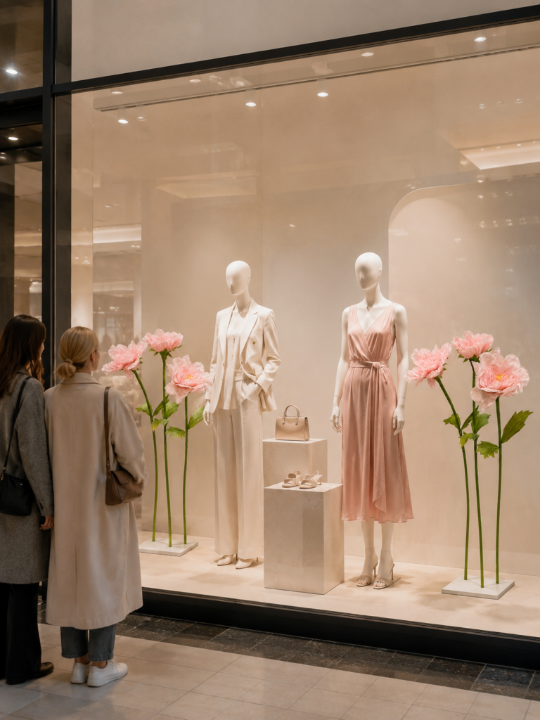 Blush-pink giant paper flowers used in an indoor retail shop-window display